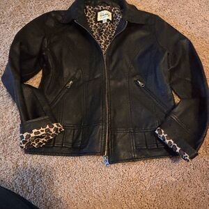 Girls Faux Black Leather Jacket with Leopard Print Lining